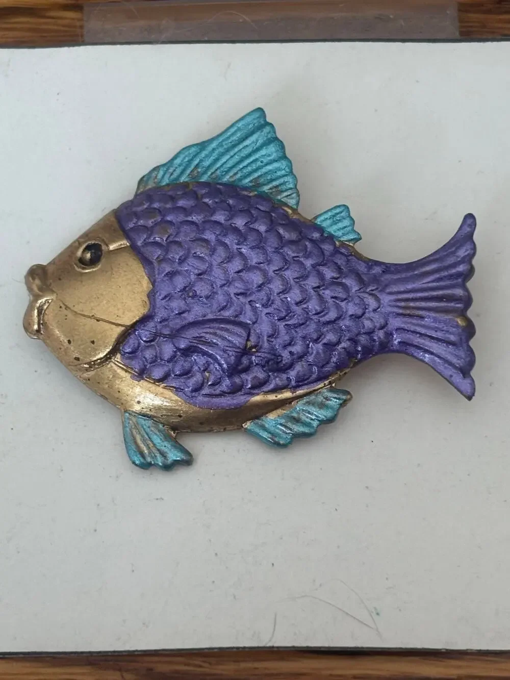 Hand Painted Fish Pin Purple Turquoise Detail Metal Brooch